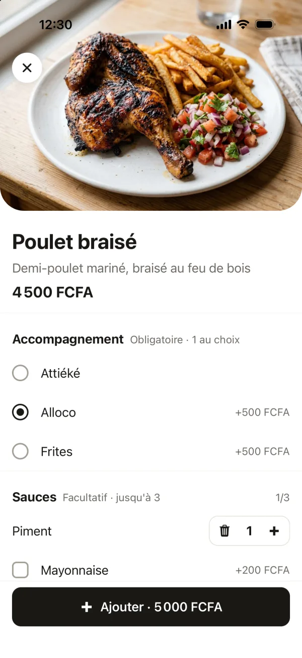 Fiche d'un plat avec le choix de l'accompagnement et des sauces