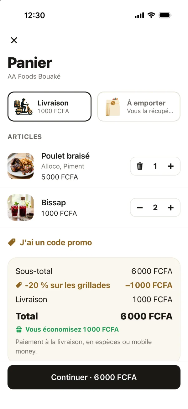 Panier avec le choix entre livraison et à emporter